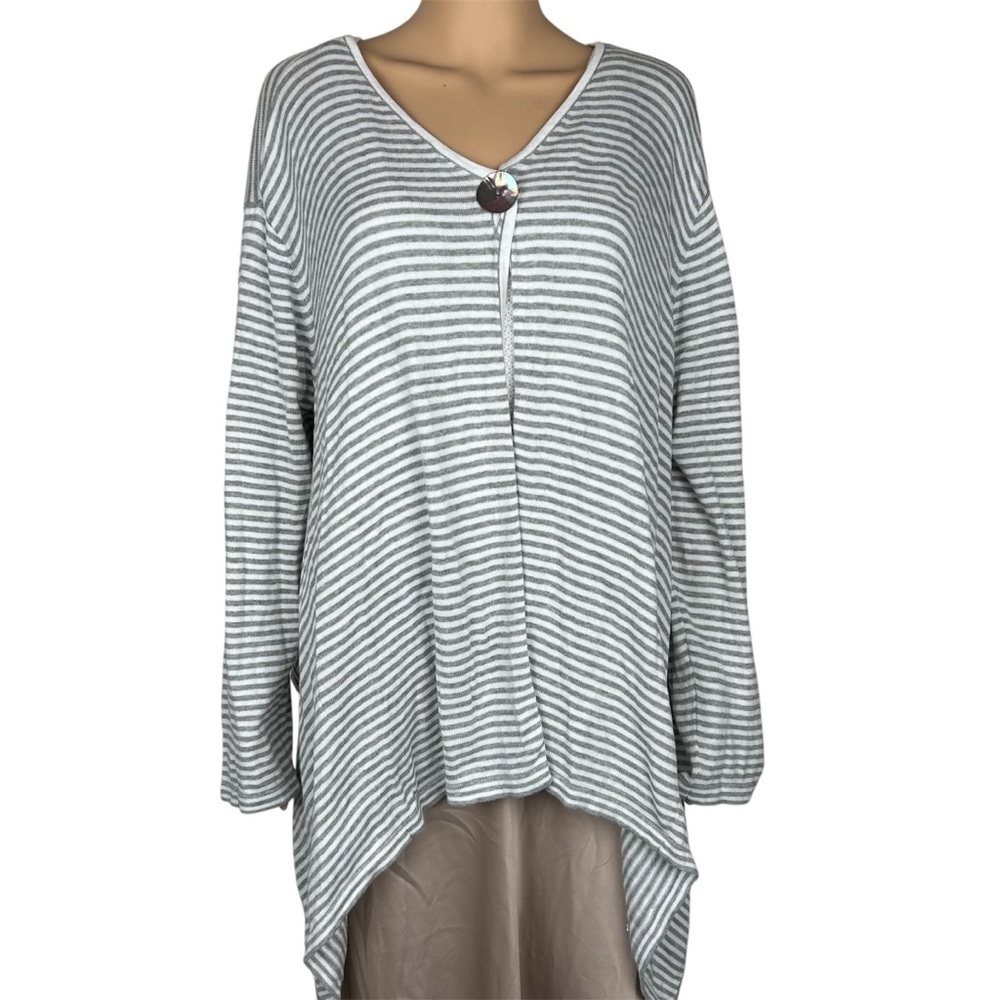 Bryn Walker Gray&White Stripe Asymmetrical Button Front Knit Cardigan Size Large